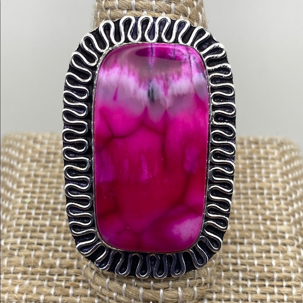 New Pink Dendritic Opal Stone Silver Overlay Ring with Decorative Band Size 9.25